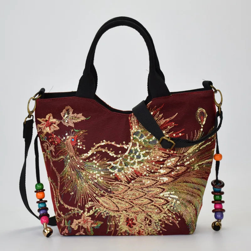 Borsa Shopper Ricamata con Paillettes e Pavone – Stile Boho Vintage