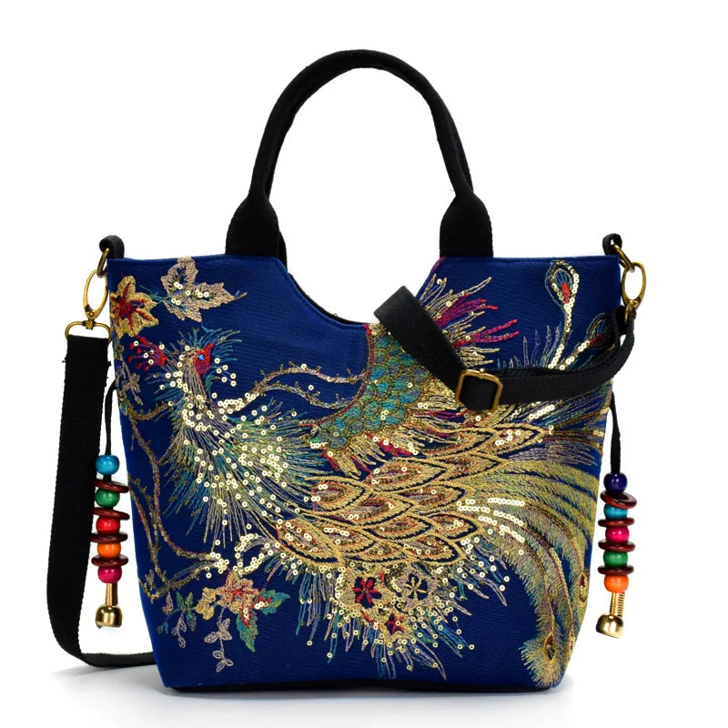 Borsa Shopper Ricamata con Paillettes e Pavone – Stile Boho Vintage