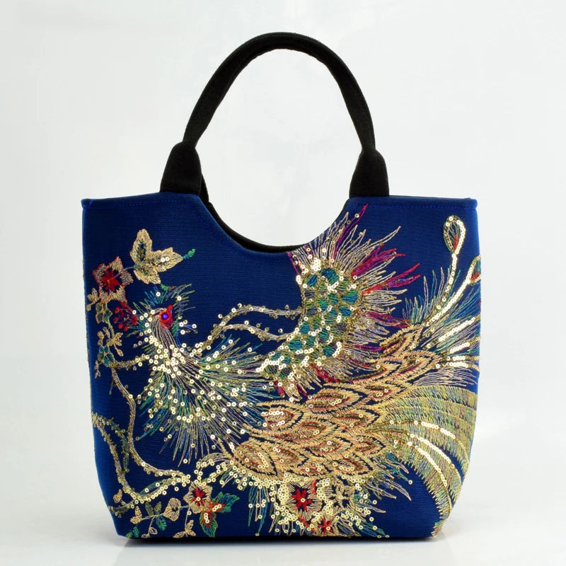 Borsa Shopper Ricamata con Paillettes e Pavone – Stile Boho Vintage