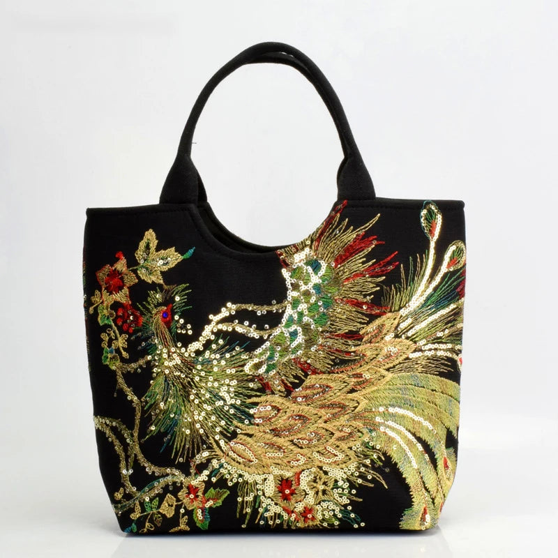 Borsa Shopper Ricamata con Paillettes e Pavone – Stile Boho Vintage