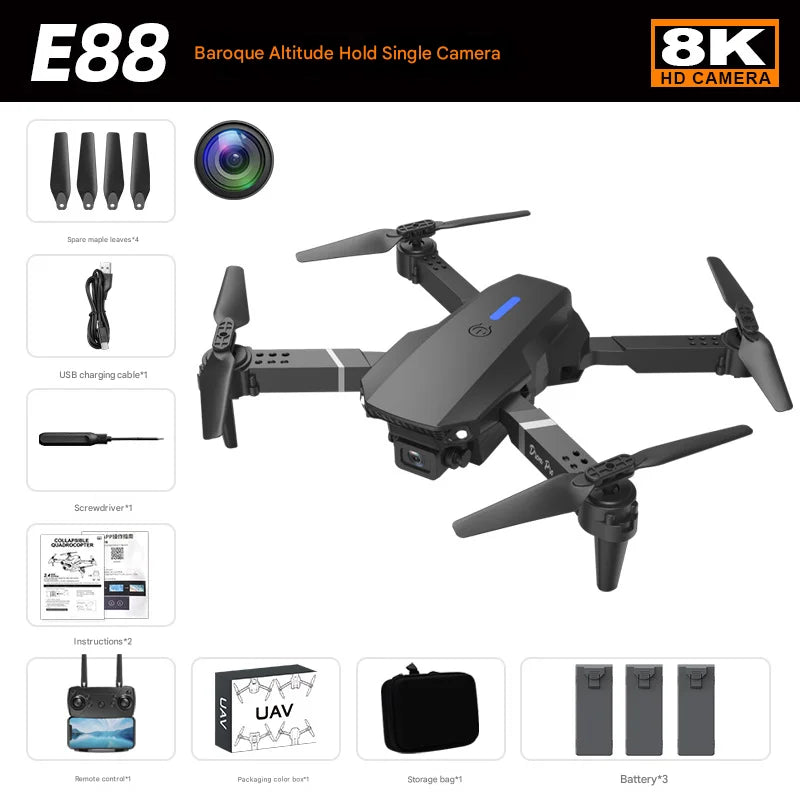 Drone E88 Pro 4K Doppia Fotocamera RC Quadricottero Pieghevole WiFi FPV con Mantenimento Altitudine Modalità Headless