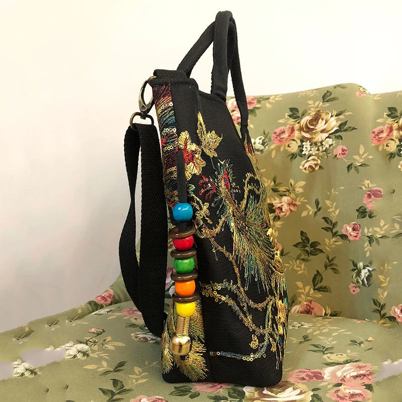 Borsa Shopper Ricamata con Paillettes e Pavone – Stile Boho Vintage