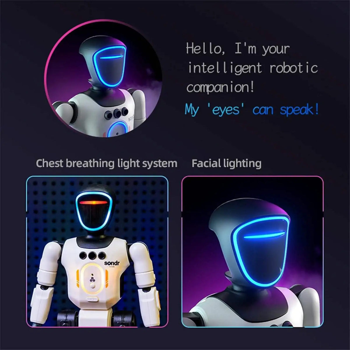 Robot intelligente con registrazione audio, luce ambientale facciale e luce respiratoria sul petto – Regalo hi-tech per bambini