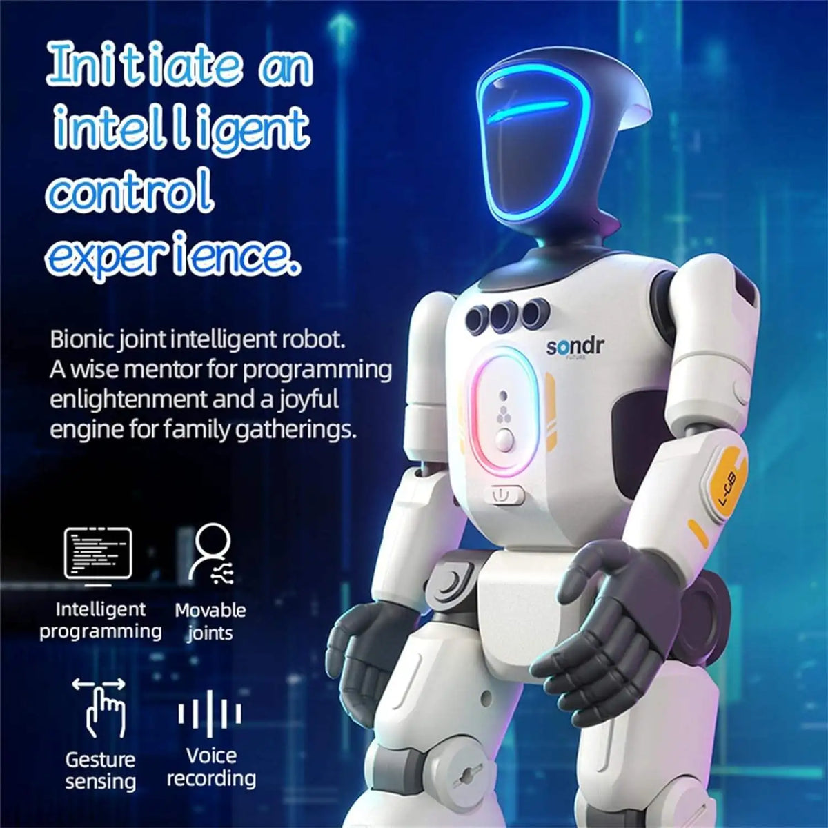 Robot intelligente con registrazione audio, luce ambientale facciale e luce respiratoria sul petto – Regalo hi-tech per bambini