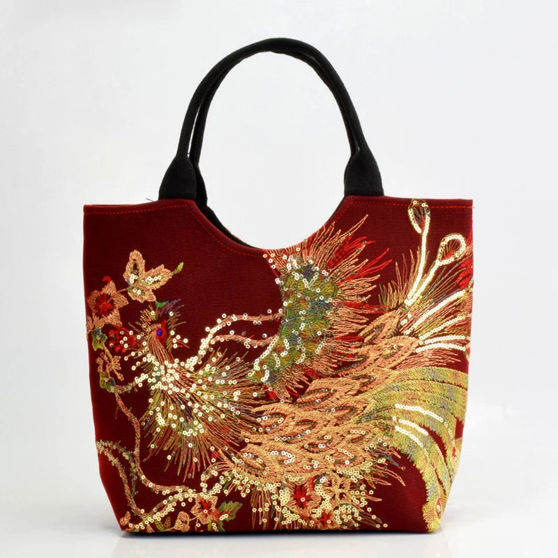 Borsa Shopper Ricamata con Paillettes e Pavone – Stile Boho Vintage