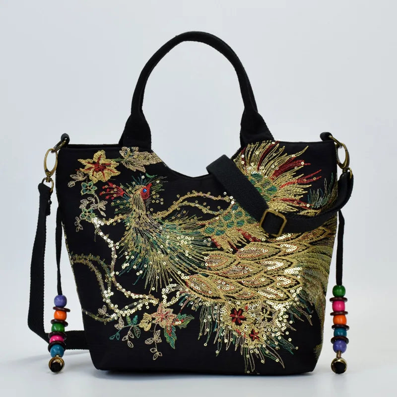 Borsa Shopper Ricamata con Paillettes e Pavone – Stile Boho Vintage