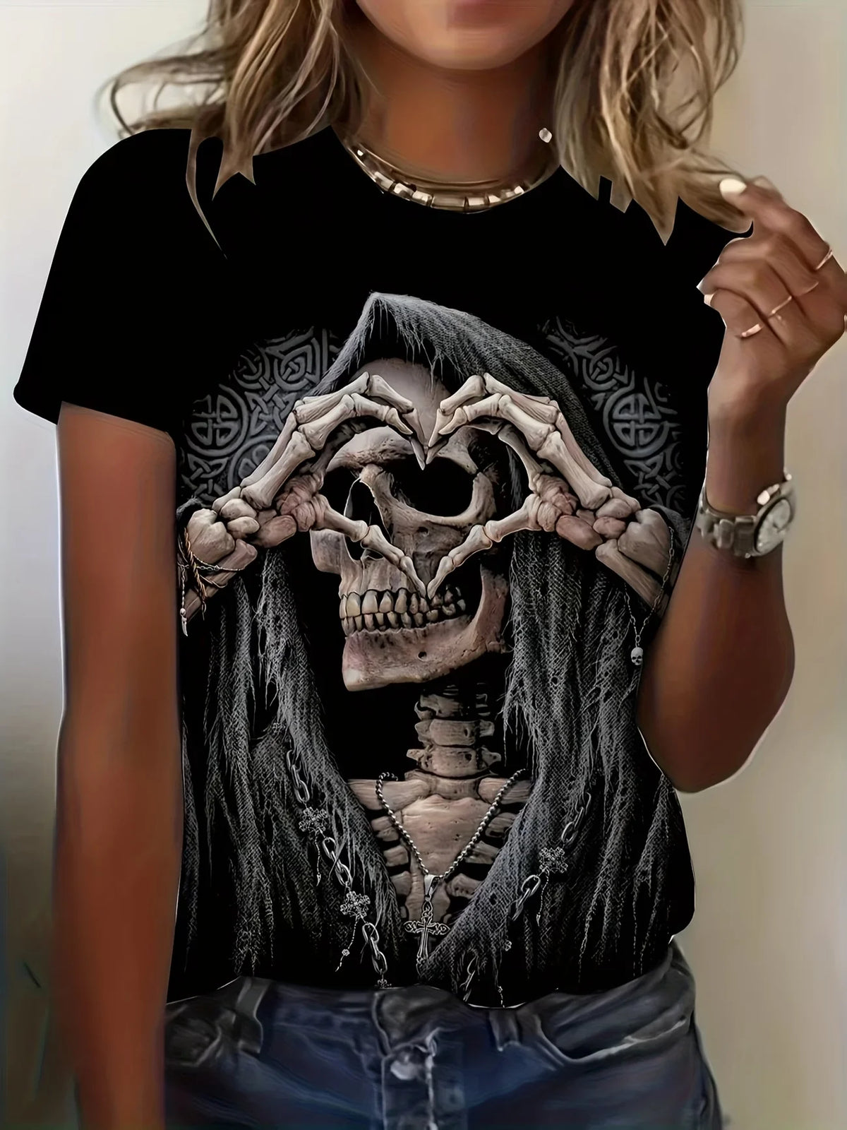 T-Shirt Donna Gothic con Stampa Teschio e Rose, Scollo Tondo, Manica Corta – Stile Dark Estivo