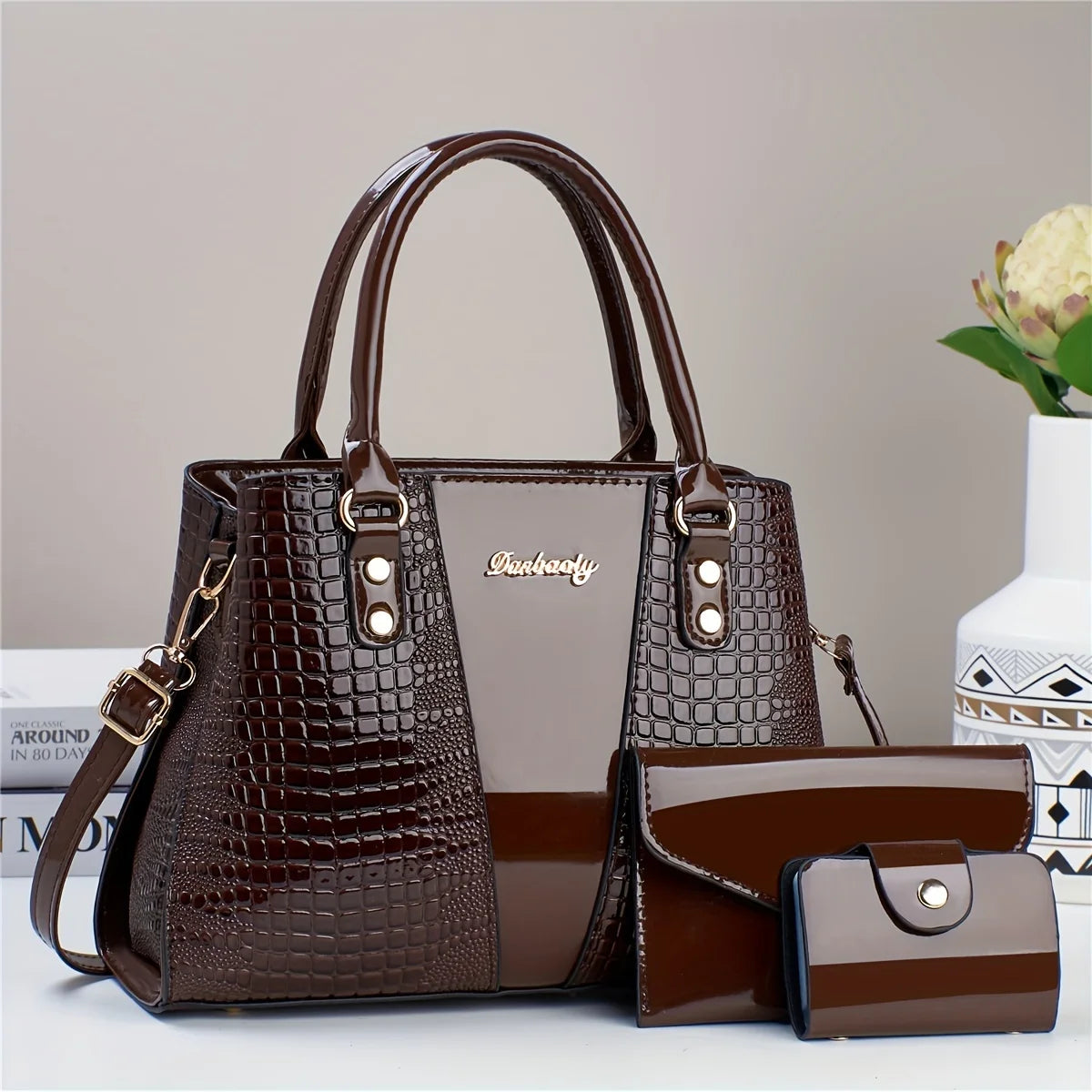 Set Borsa Lusso 3 Pezzi – Tote + Tracolla + Portafoglio in Coccodrillo Patent