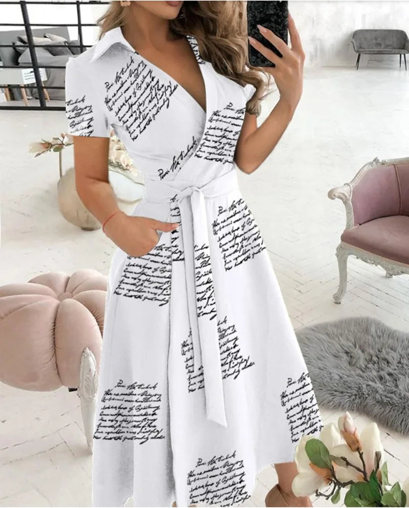 Vestito Midi a Maniche Corte con Scollo a V, Vita Annodata, Gonna A-Line con Tasche