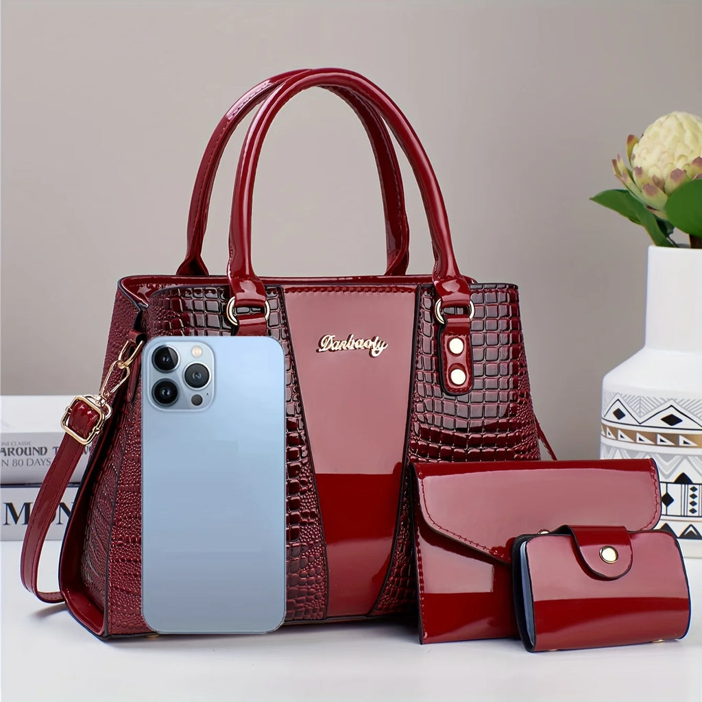 Set Borsa Lusso 3 Pezzi – Tote + Tracolla + Portafoglio in Coccodrillo Patent