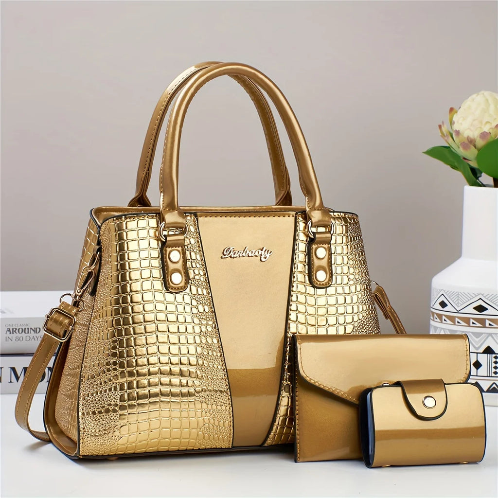 Set Borsa Lusso 3 Pezzi – Tote + Tracolla + Portafoglio in Coccodrillo Patent