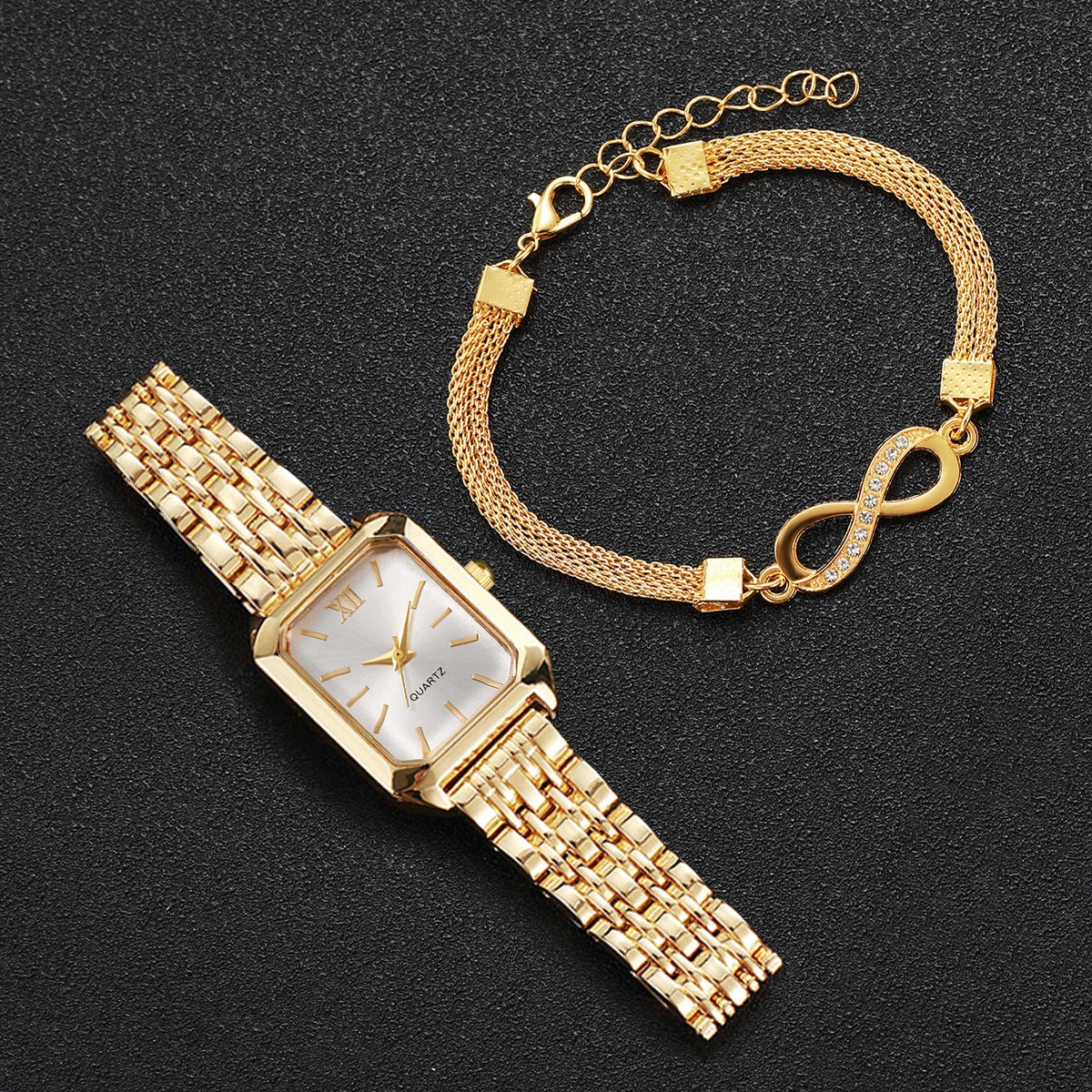 Set Orologio Quadrato Elegante + Bracciale Donna - 2 Pezzi