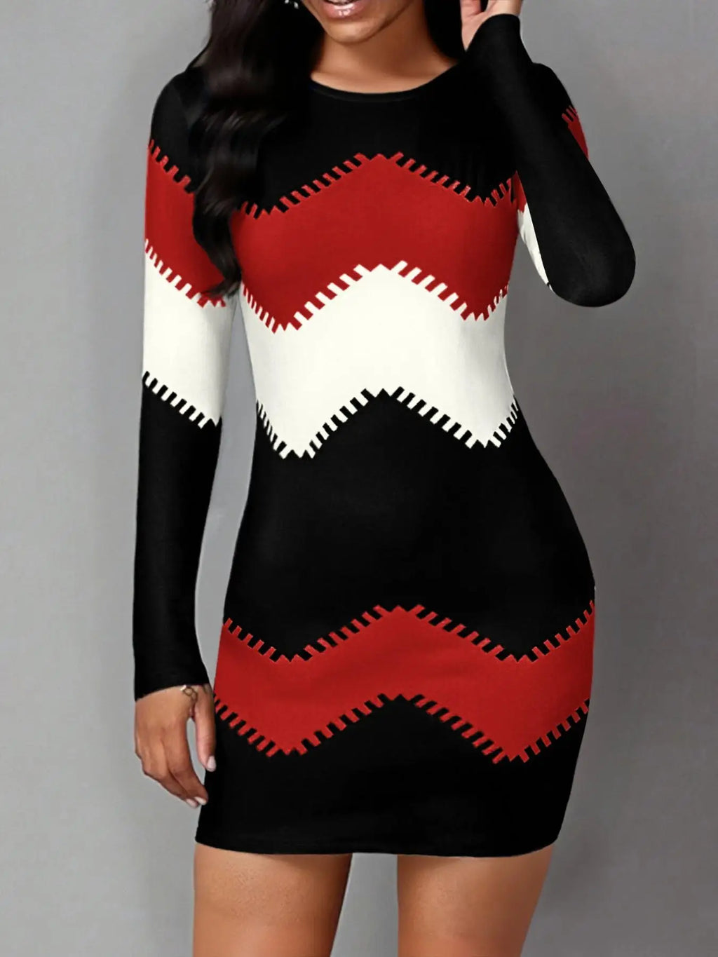 Women's Long Sleeve Geometric Print Dress - Casual Slim Fit Mini