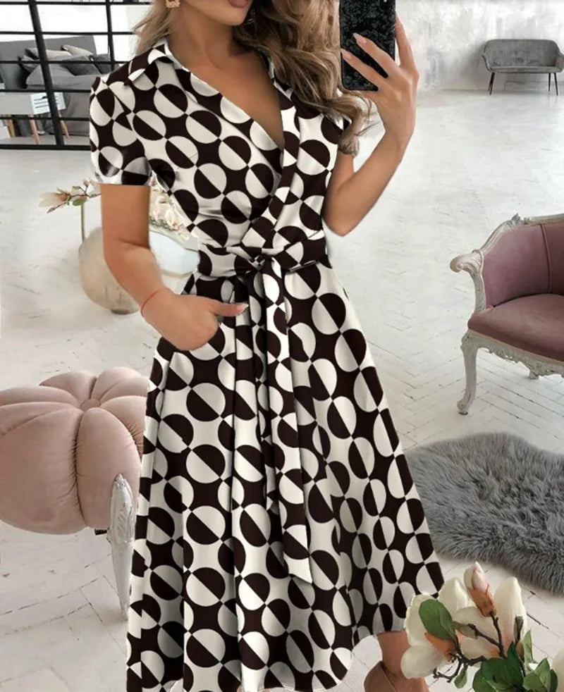 Vestito Midi a Maniche Corte con Scollo a V, Vita Annodata, Gonna A-Line con Tasche
