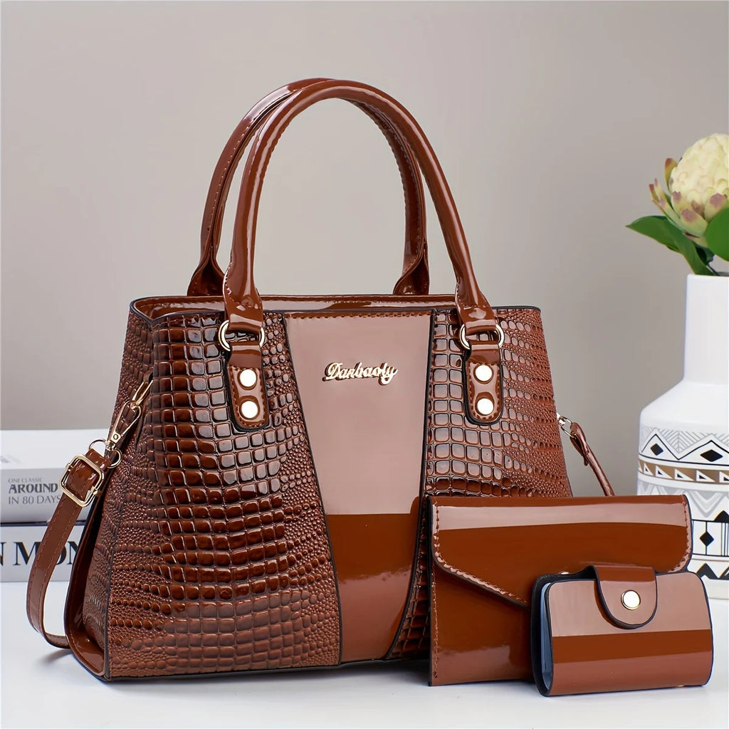 Set Borsa Lusso 3 Pezzi – Tote + Tracolla + Portafoglio in Coccodrillo Patent