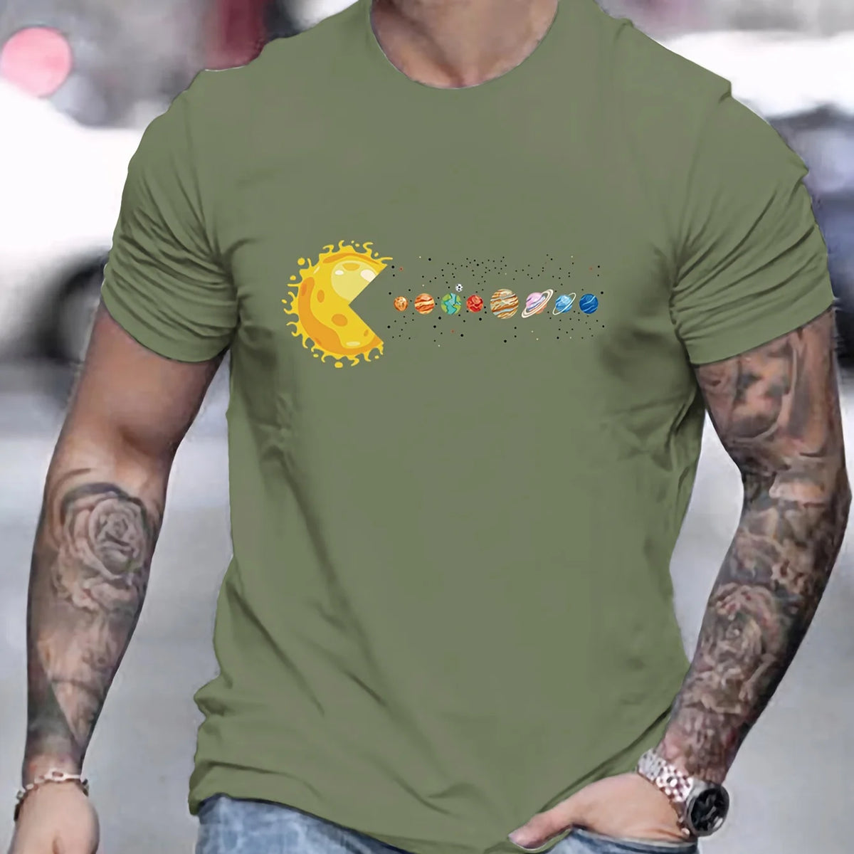Men's 100% Pure Cotton Summer Loose and Comfortable Casual Solar System Planets Printed Round Neck Short-Sleeved T-Shirt Top