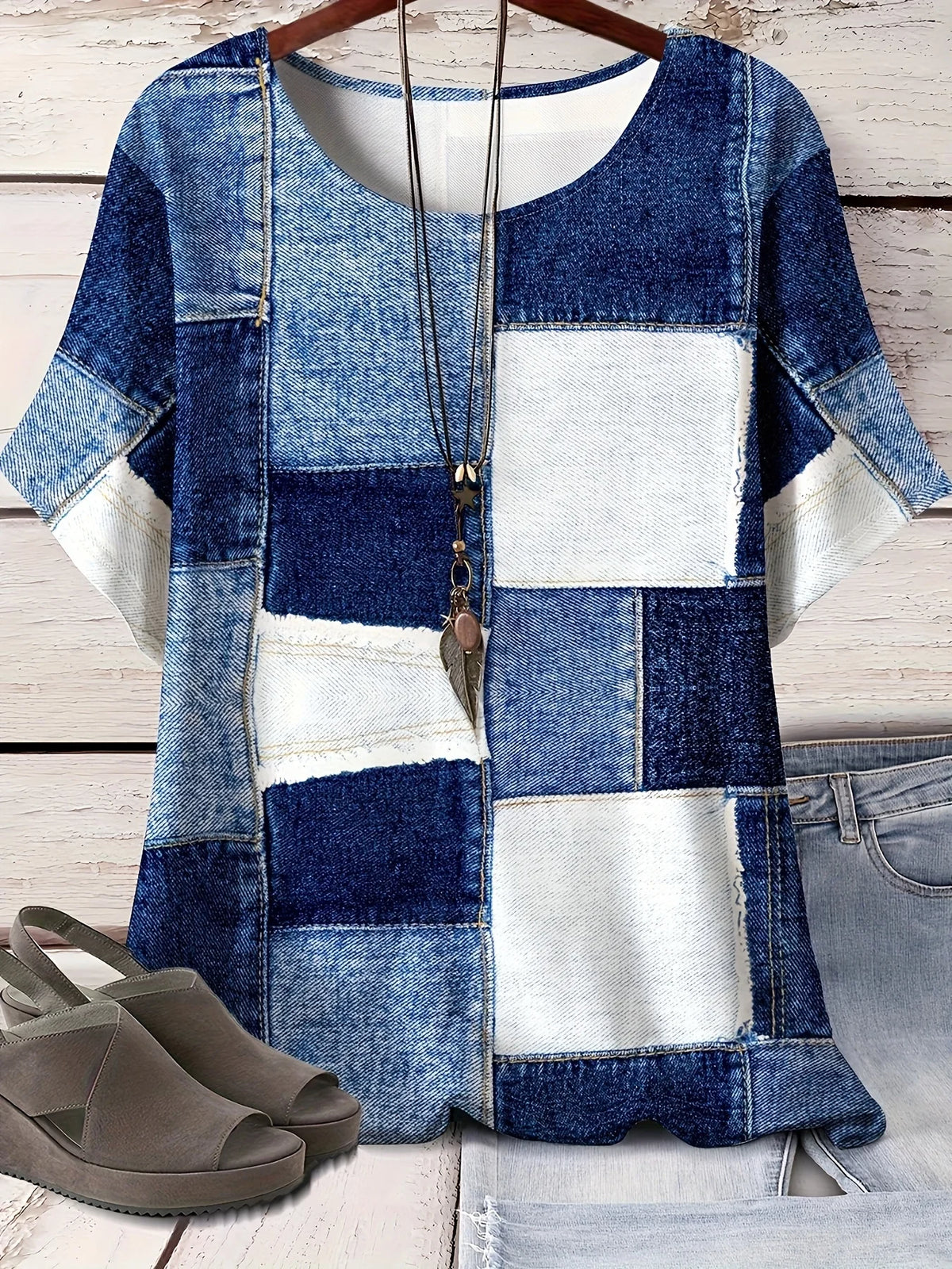 T-Shirt Donna Patchwork Effetto Denim, Scollo Tondo, Manica Corta – Stile Vintage Casual