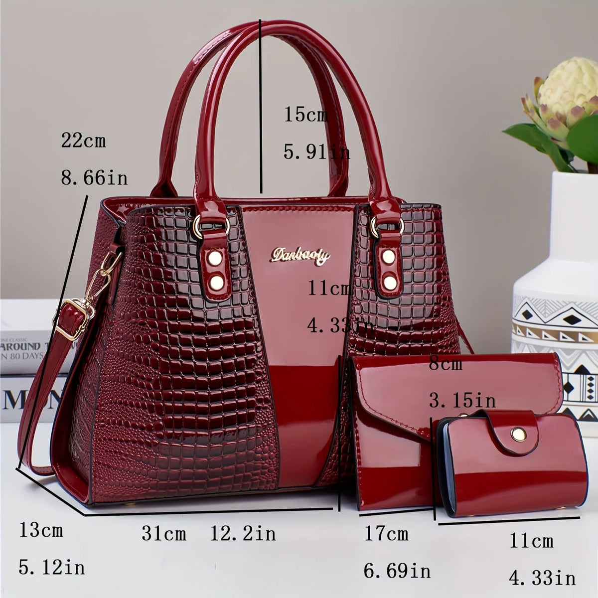 Set Borsa Lusso 3 Pezzi – Tote + Tracolla + Portafoglio in Coccodrillo Patent