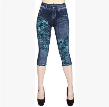 Leggings Donna Effetto Denim con Stampa, Vita Alta, Elasticizzati – Jogging e Moda