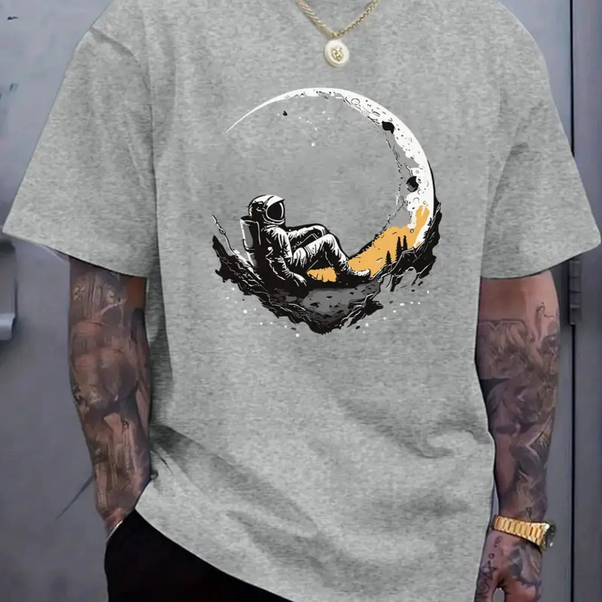 Men's 100% Pure Cotton Summer Loose and Comfortable Casual Solar System Planets Printed Round Neck Short-Sleeved T-Shirt Top