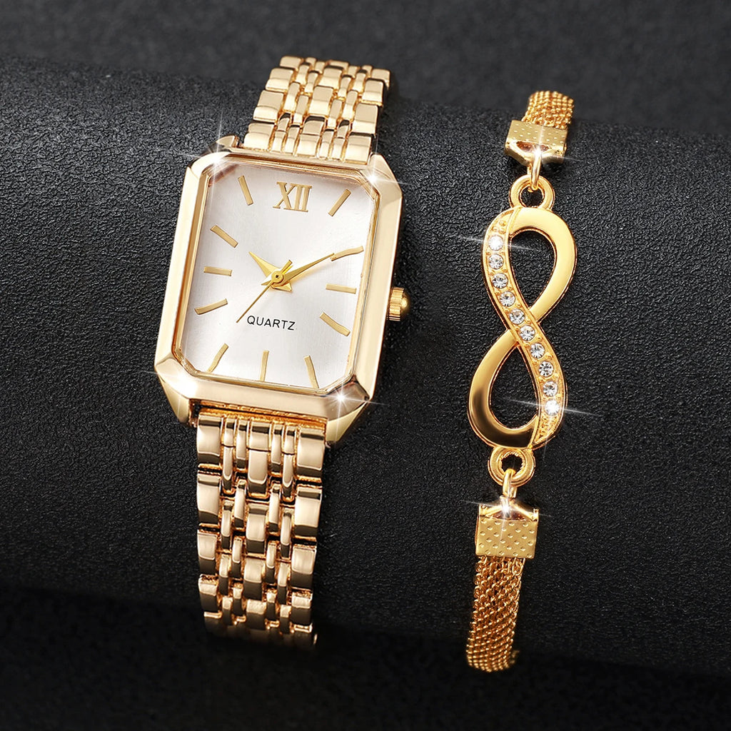 Set Orologio Quadrato Elegante + Bracciale Donna - 2 Pezzi