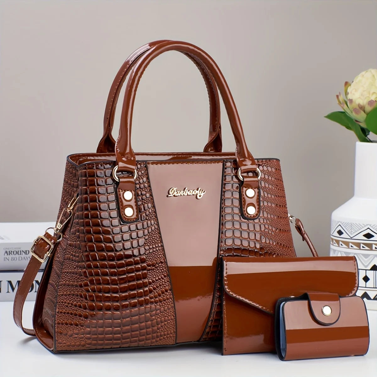 Set Borsa Lusso 3 Pezzi – Tote + Tracolla + Portafoglio in Coccodrillo Patent