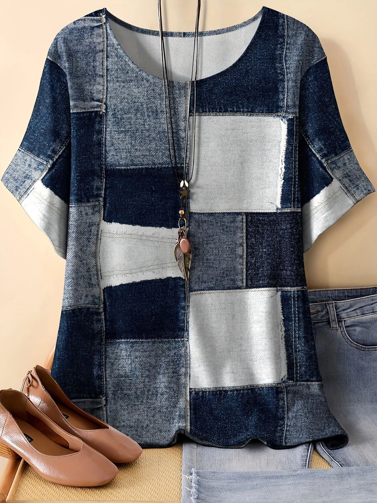T-Shirt Donna Patchwork Effetto Denim, Scollo Tondo, Manica Corta – Stile Vintage Casual