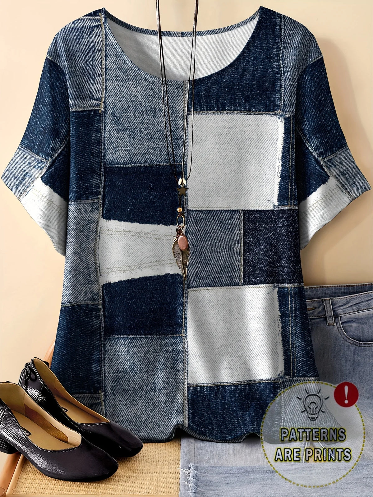 T-Shirt Donna Patchwork Effetto Denim, Scollo Tondo, Manica Corta – Stile Vintage Casual