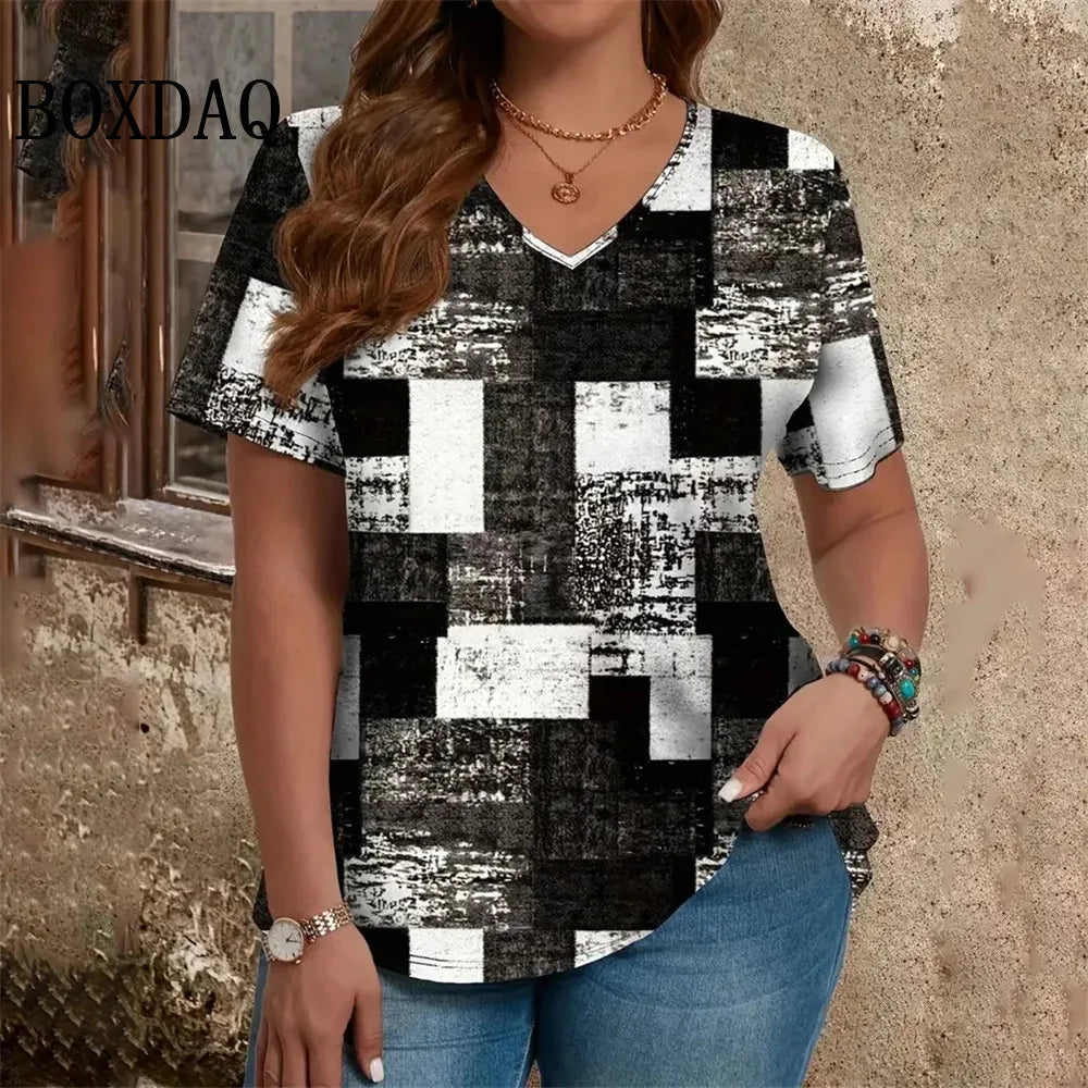 T-Shirt Donna Scollo a V, Manica Corta, Stampa Geometrica Vintage – Taglie Forti fino 8XL