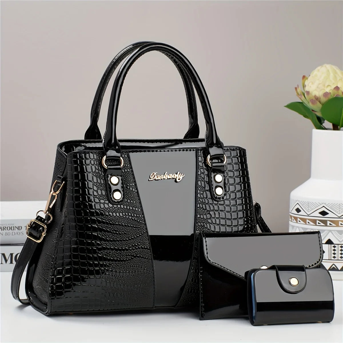 Set Borsa Lusso 3 Pezzi – Tote + Tracolla + Portafoglio in Coccodrillo Patent
