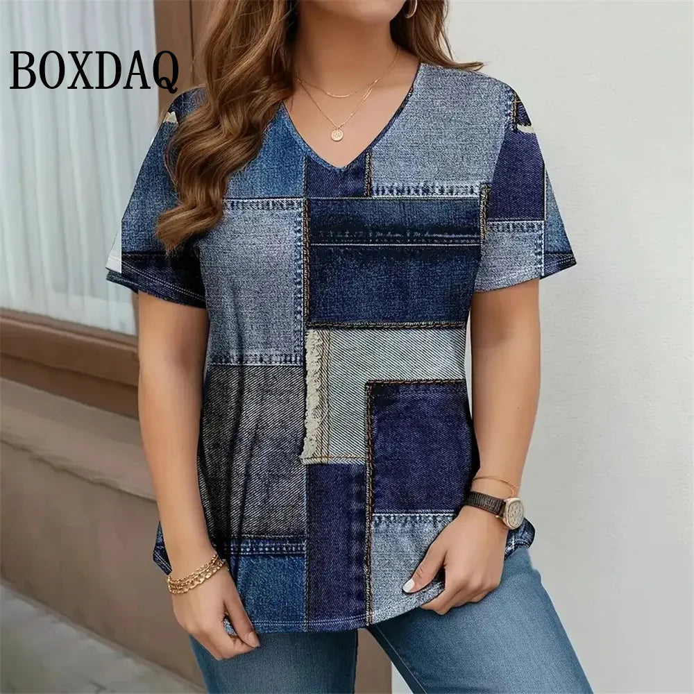 T-Shirt Donna Scollo a V, Manica Corta, Stampa Geometrica Vintage – Taglie Forti fino 8XL