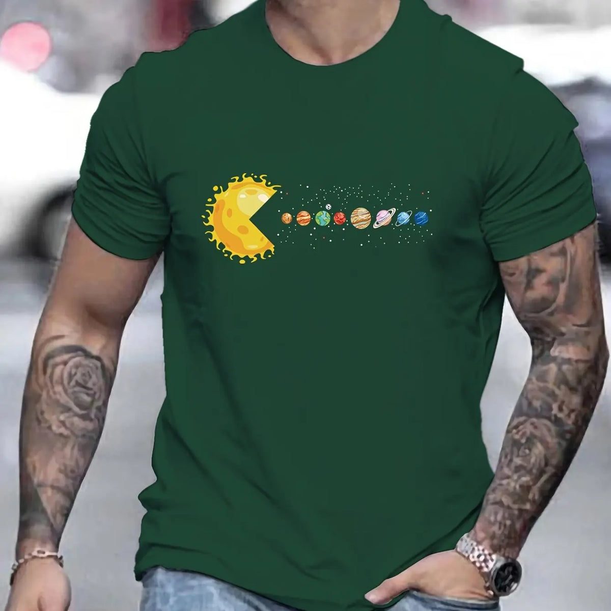 Men's 100% Pure Cotton Summer Loose and Comfortable Casual Solar System Planets Printed Round Neck Short-Sleeved T-Shirt Top