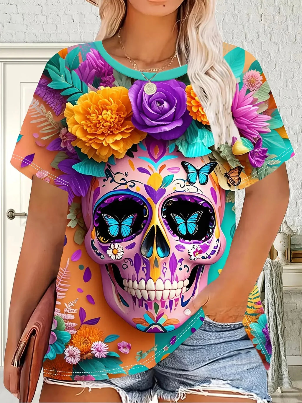 T-Shirt Donna Gothic con Stampa Teschio e Rose, Scollo Tondo, Manica Corta – Stile Dark Estivo