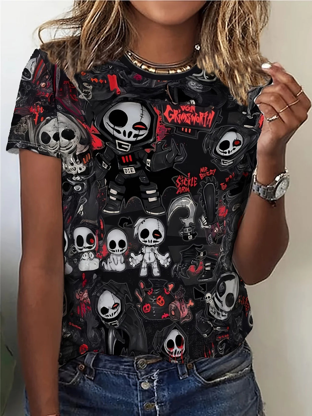 T-Shirt Donna Gothic con Stampa Teschio e Rose, Scollo Tondo, Manica Corta – Stile Dark Estivo