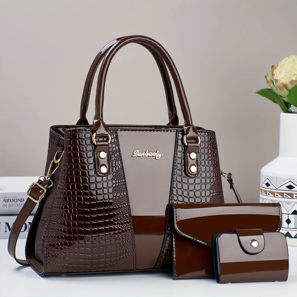 Set Borsa Lusso 3 Pezzi – Tote + Tracolla + Portafoglio in Coccodrillo Patent