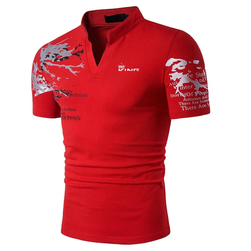 Polo da Uomo con Stampa Grafica, Scollo a V, Maniche Corte – Stile Casual Streetwear