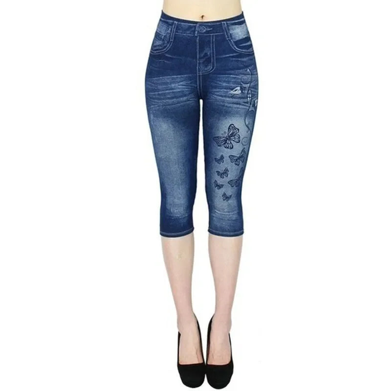Leggings Donna Effetto Denim con Stampa, Vita Alta, Elasticizzati – Jogging e Moda
