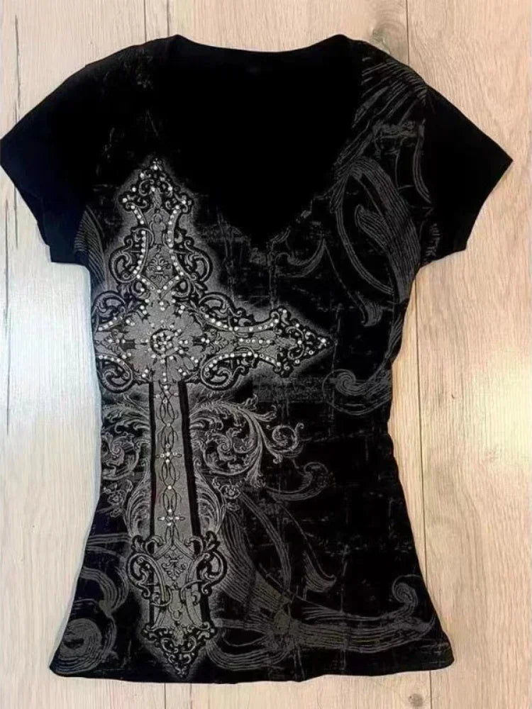 T-Shirt Donna Gothic Viola Vintage – Stile Y2K Punk Slim Fit