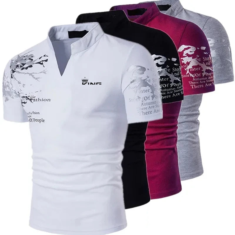 Polo da Uomo con Stampa Grafica, Scollo a V, Maniche Corte – Stile Casual Streetwear