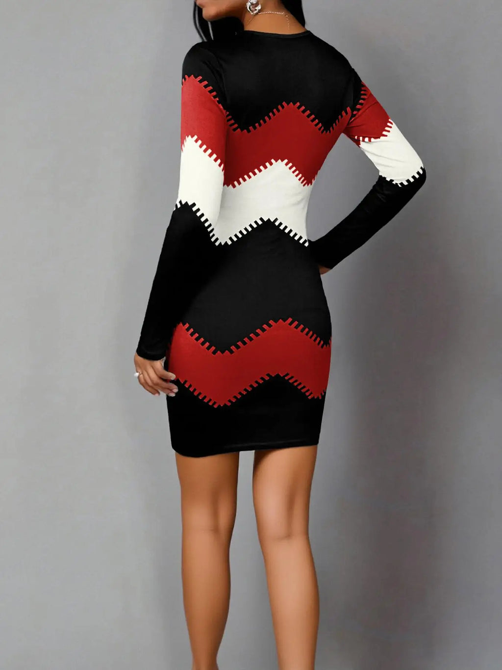 Women's Long Sleeve Geometric Print Dress - Casual Slim Fit Mini