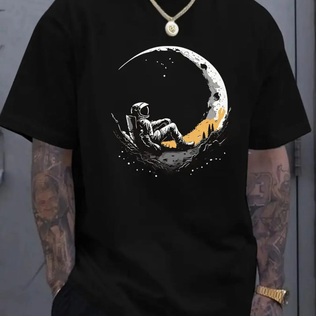 Men's 100% Pure Cotton Summer Loose and Comfortable Casual Solar System Planets Printed Round Neck Short-Sleeved T-Shirt Top