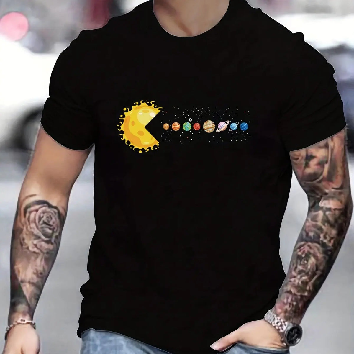 Men's 100% Pure Cotton Summer Loose and Comfortable Casual Solar System Planets Printed Round Neck Short-Sleeved T-Shirt Top