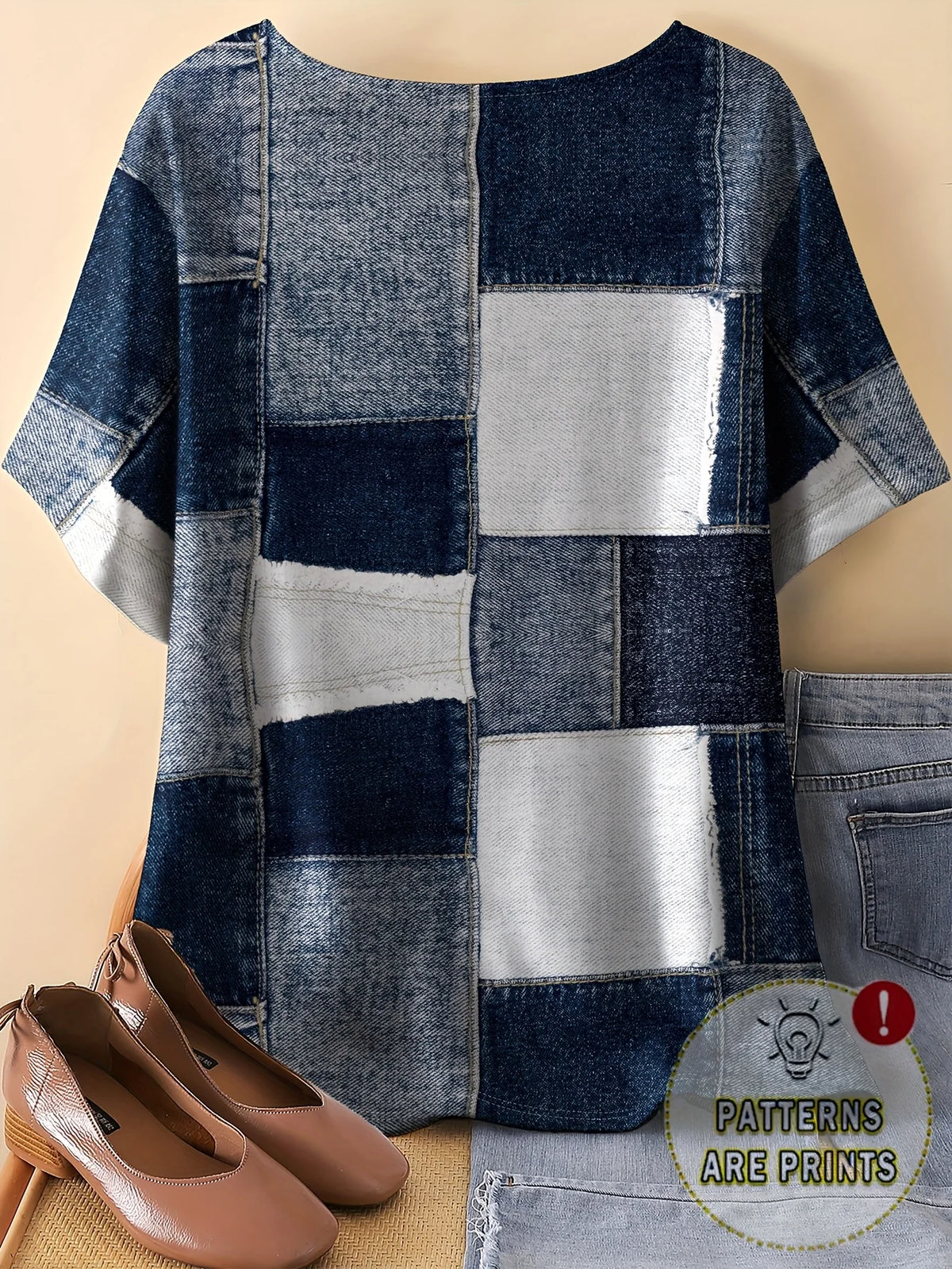 T-Shirt Donna Patchwork Effetto Denim, Scollo Tondo, Manica Corta – Stile Vintage Casual