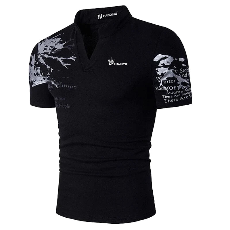 Polo da Uomo con Stampa Grafica, Scollo a V, Maniche Corte – Stile Casual Streetwear