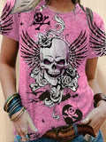 T-Shirt Donna Gothic con Stampa Teschio e Rose, Scollo Tondo, Manica Corta – Stile Dark Estivo