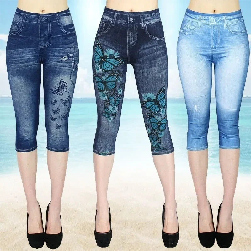 Leggings Donna Effetto Denim con Stampa, Vita Alta, Elasticizzati – Jogging e Moda