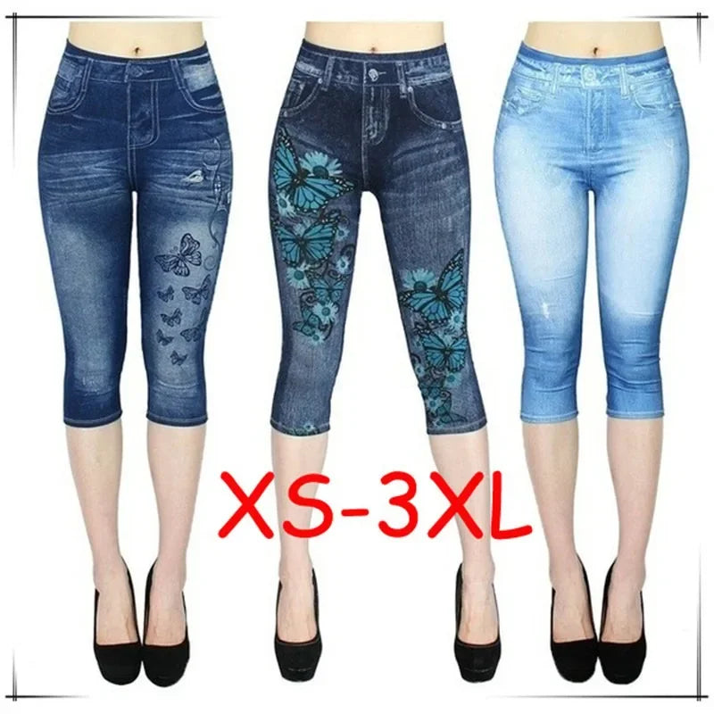 Leggings Donna Effetto Denim con Stampa, Vita Alta, Elasticizzati – Jogging e Moda