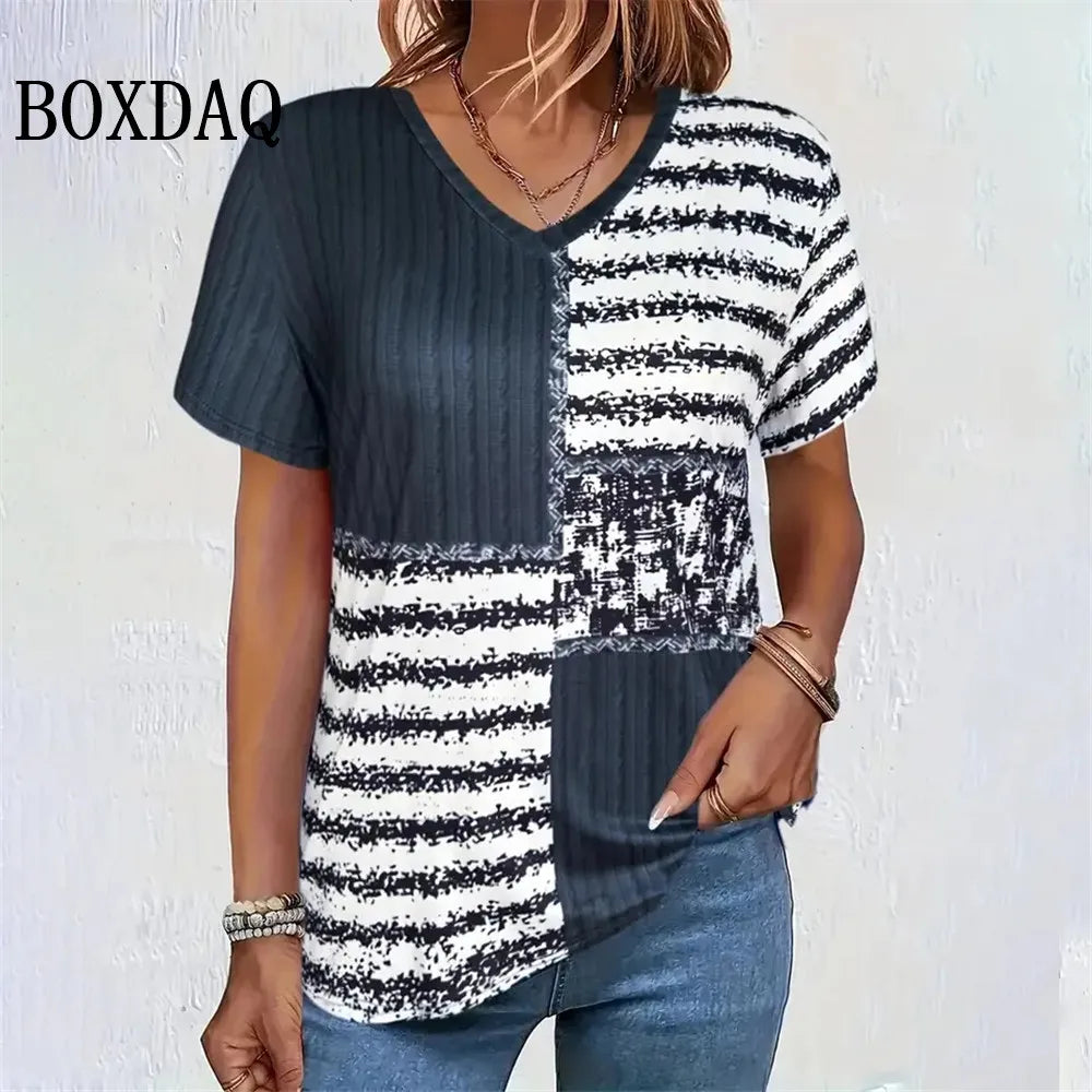 T-Shirt Donna Scollo a V, Manica Corta, Stampa Geometrica Vintage – Taglie Forti fino 8XL