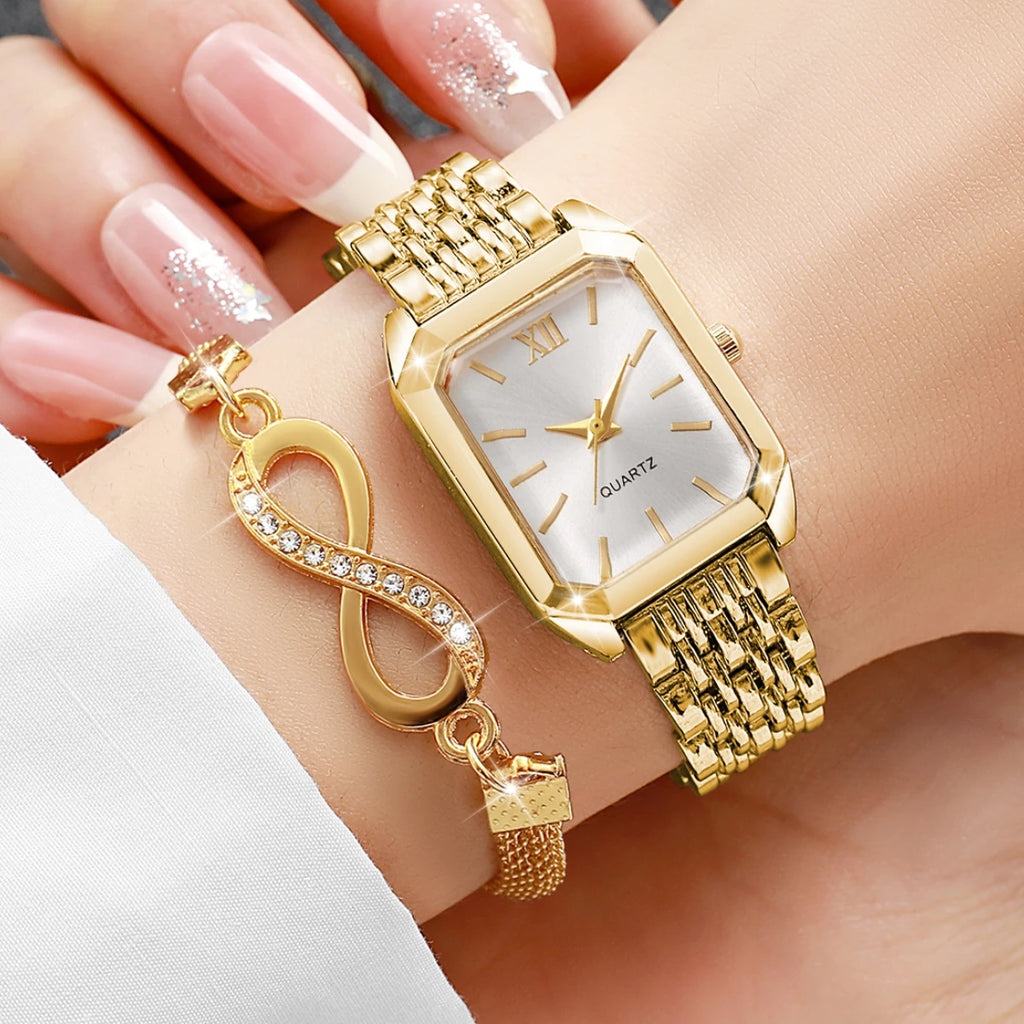 Set Orologio Quadrato Elegante + Bracciale Donna - 2 Pezzi