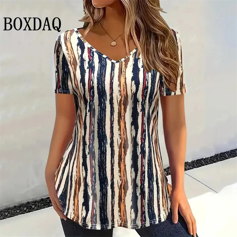 T-Shirt Donna Scollo a V, Manica Corta, Stampa Geometrica Vintage – Taglie Forti fino 8XL